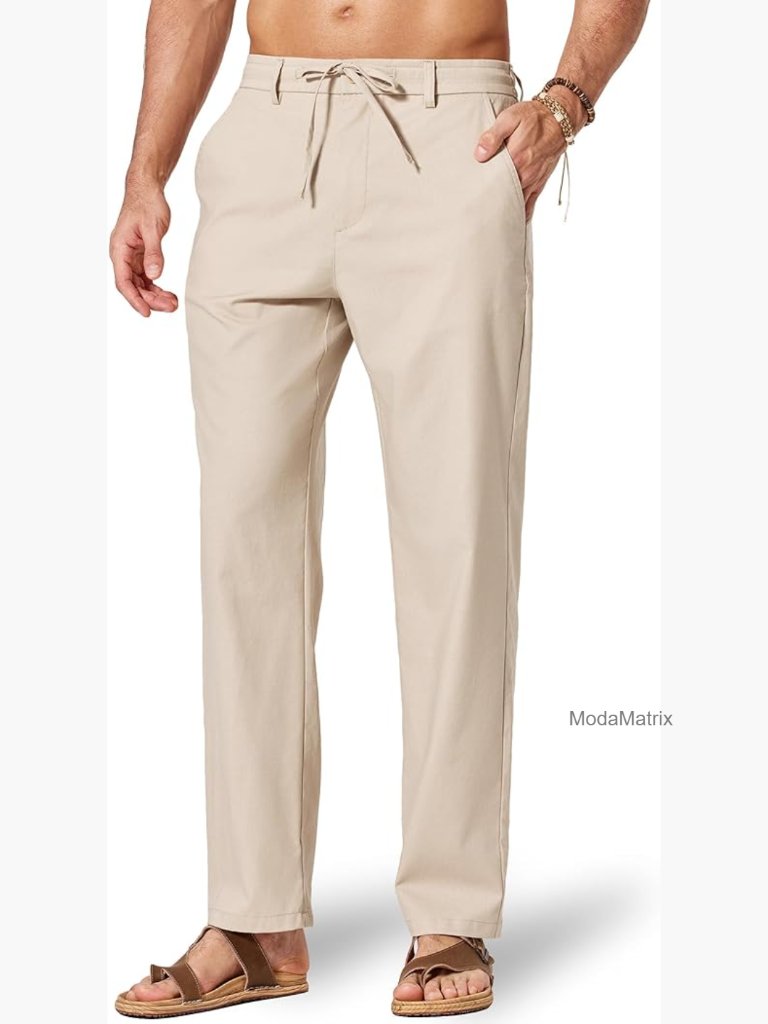 Men's Cotton Linen Pants Loose Fit Casual Drawstring Dress Trousers Lightweight